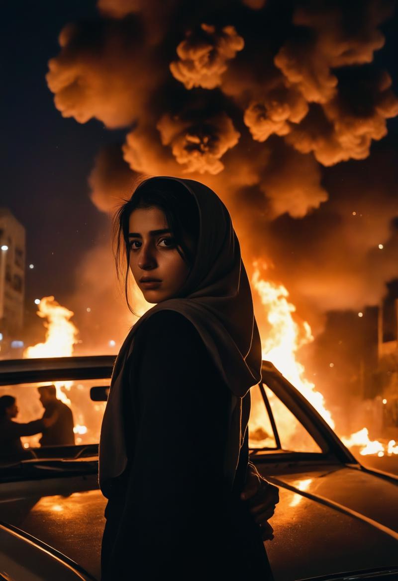 00165-dark aesthetic photo, an Iranian girl amidst a chaotic street protest in Tehran, The scene is filled with tension and unrest, as.png